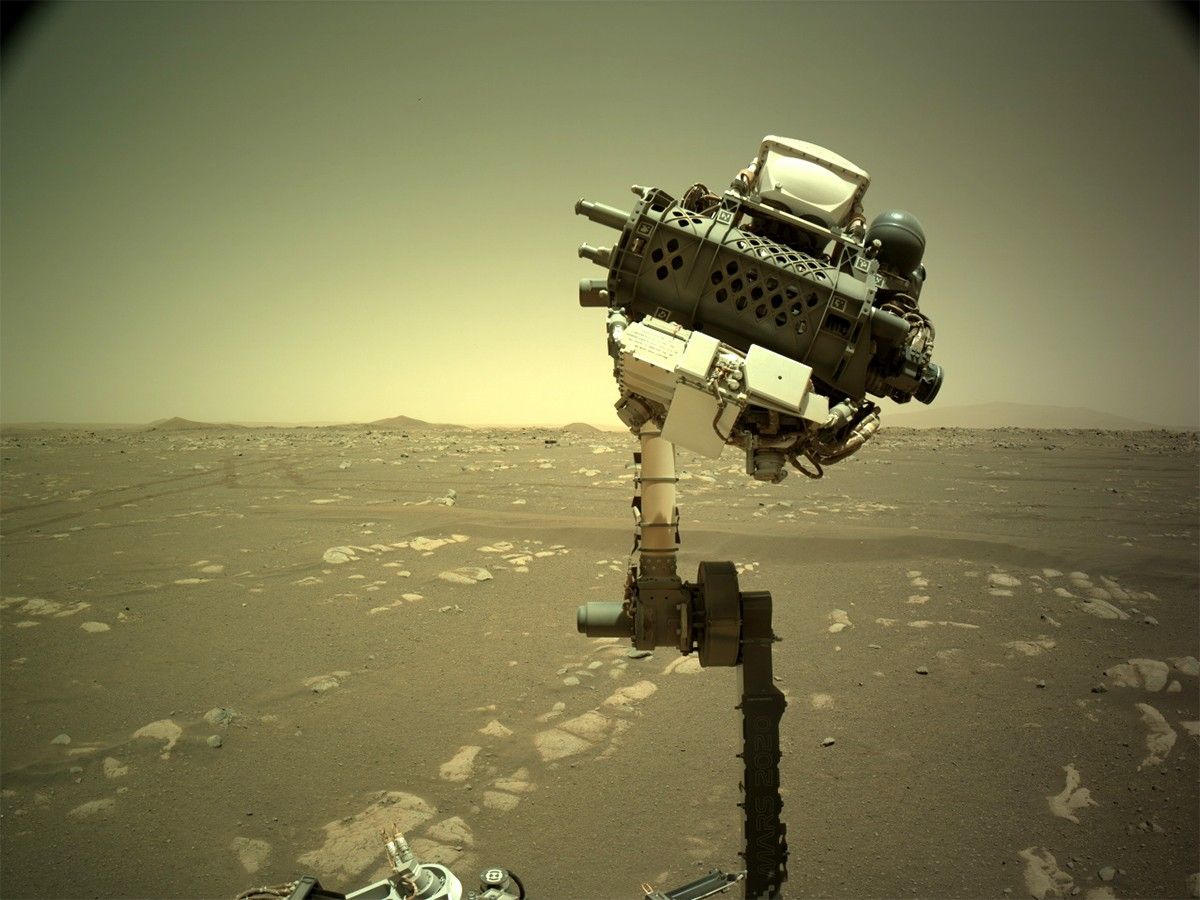 NASA's Mars Perseverance rover acquired this image using its onboard Left Navigation Camera (Navcam). The camera is located high on the rover's mast and aids in driving.
