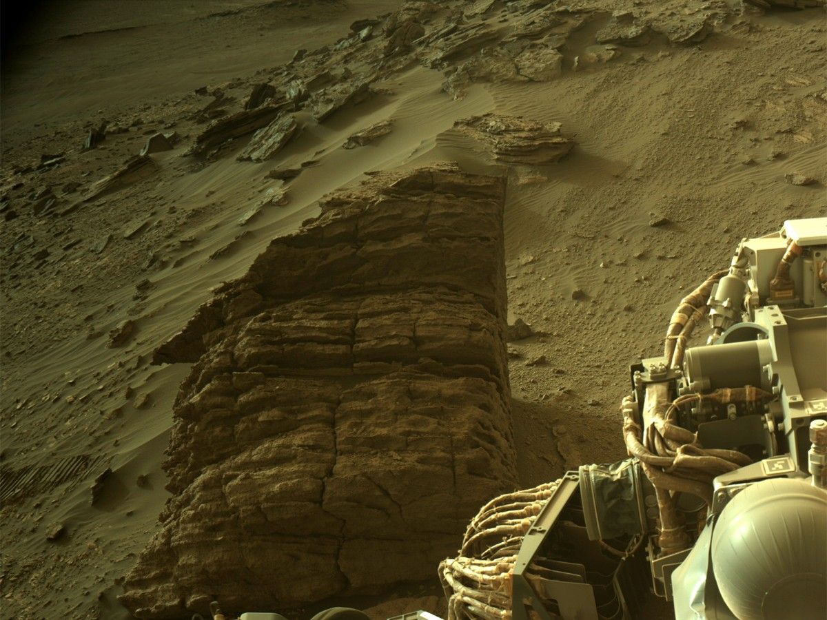 This image taken by Perseverance on sol 477 shows a layered rock that likely originated from an outcrop above, but its rough surface and sharp angles prevented Perseverance from collecting a core.