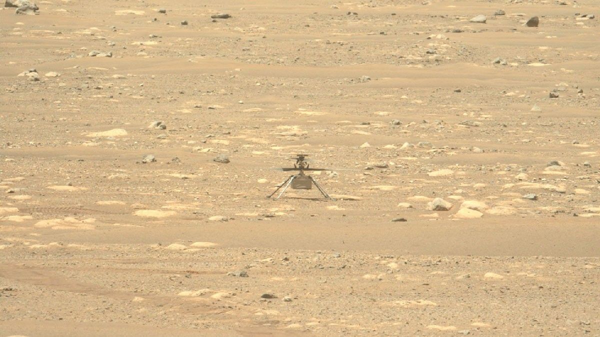 NASA's Mars Perseverance rover acquired this image of the Ingenuity Mars Helicopter using its Left Mastcam-Z camera, on Apr. 16, 2021 (Sol 55).