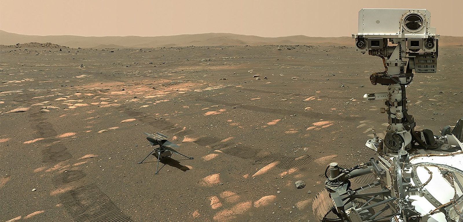 NASA’s Perseverance Mars rover took a selfie with the Ingenuity helicopter on the Martian surface, seen here about 13 feet (3.9 meters) from the rover.