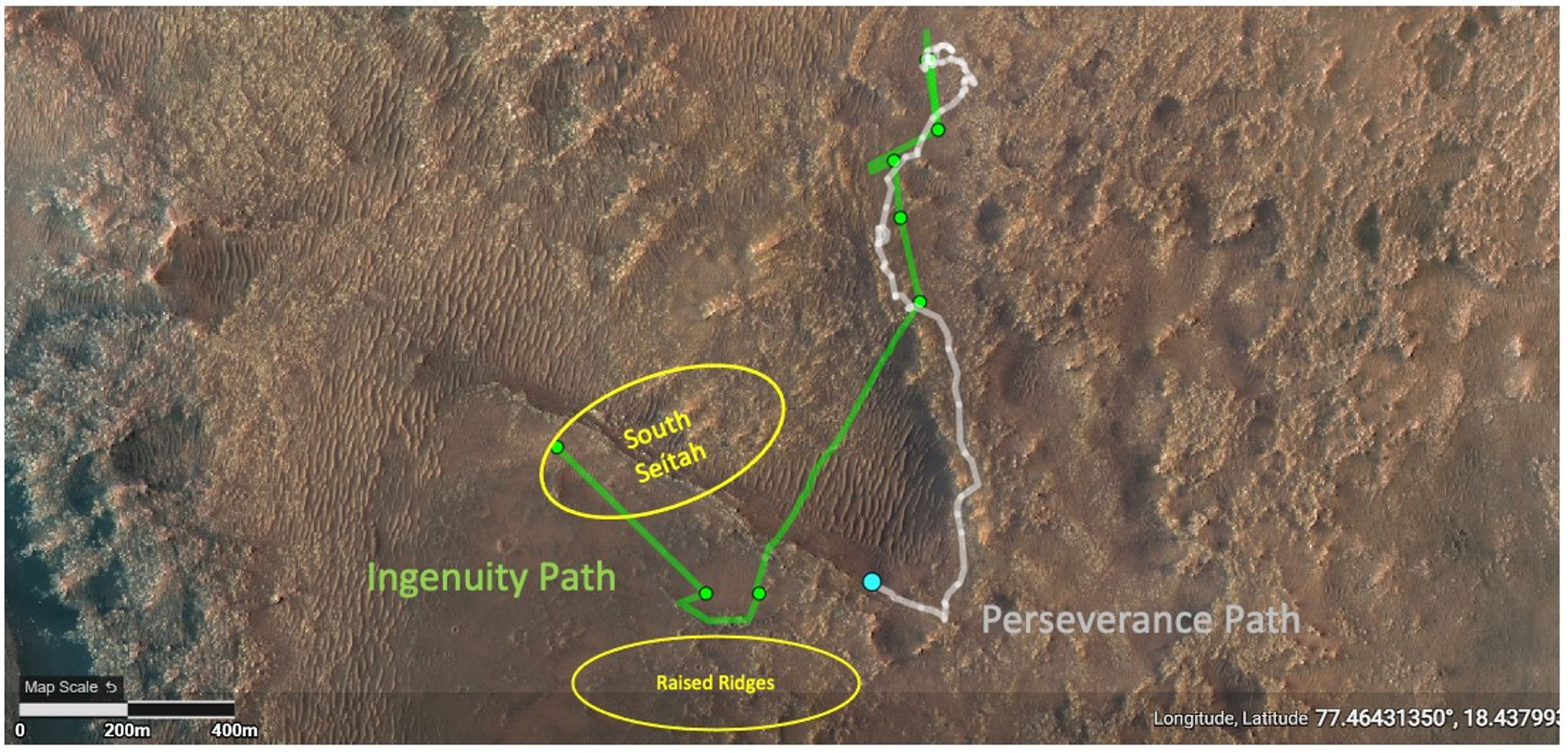 This annotated image depicts the ground tracks of NASA's Perseverance rover (white) and Ingenuity Mars Helicopter (green) since arriving on Mars on Feb. 18, 2021. The green dots represent the locations of the helicopter’s airfields during the 11 flights.
