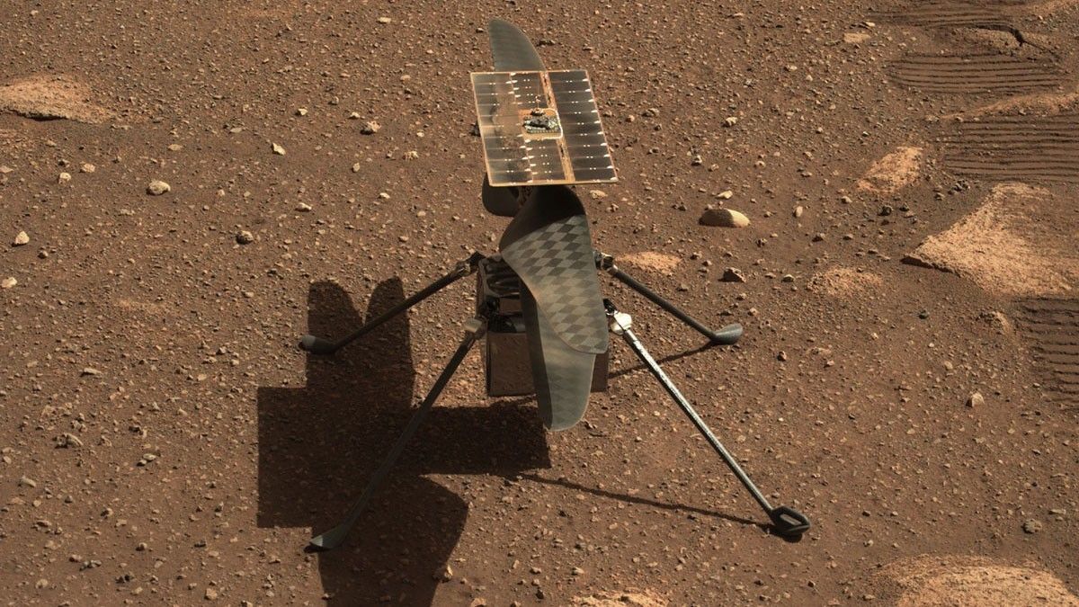 NASA's Ingenuity Mars helicopter is seen here in a close-up taken by Mastcam-Z, a pair of zoomable cameras aboard the Perseverance rover. This image was taken on April 5, the 45th Martian day, or sol, of the mission.'
