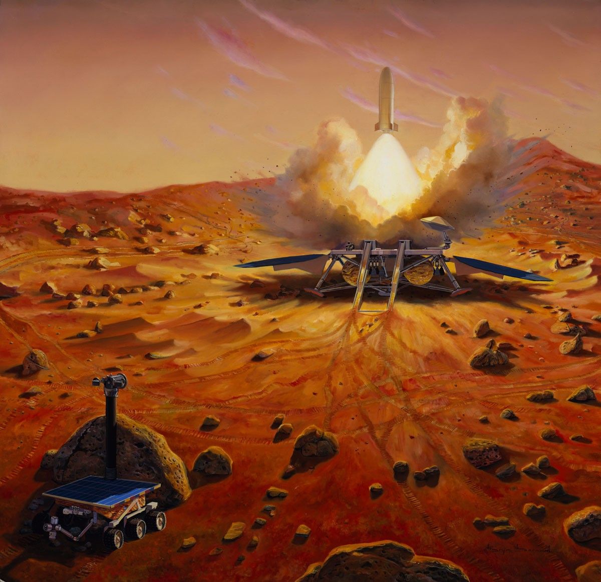 Historic artist’s depiction of a Mars Sample Return mission from the MSR development effort in the late 1990s that I’ve had on my wall at NASA, Georgia Tech, CU Boulder and now JPL.