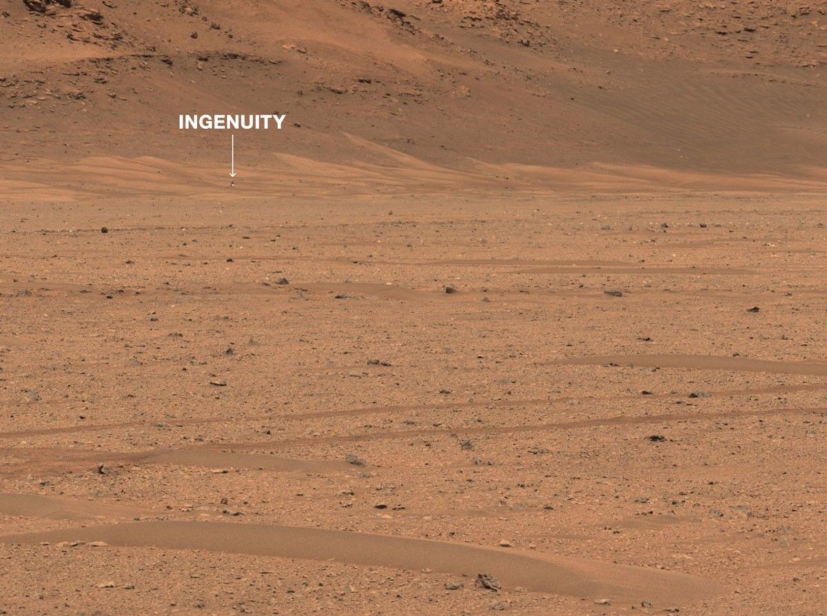 NASA’s Perseverance Mars rover captured the agency’s Ingenuity Mars Helicopter in the distance, near the base of Jezero Crater’s river delta, in this image taken Dec. 18, 2022, the 650th day, or sol, of the mission.