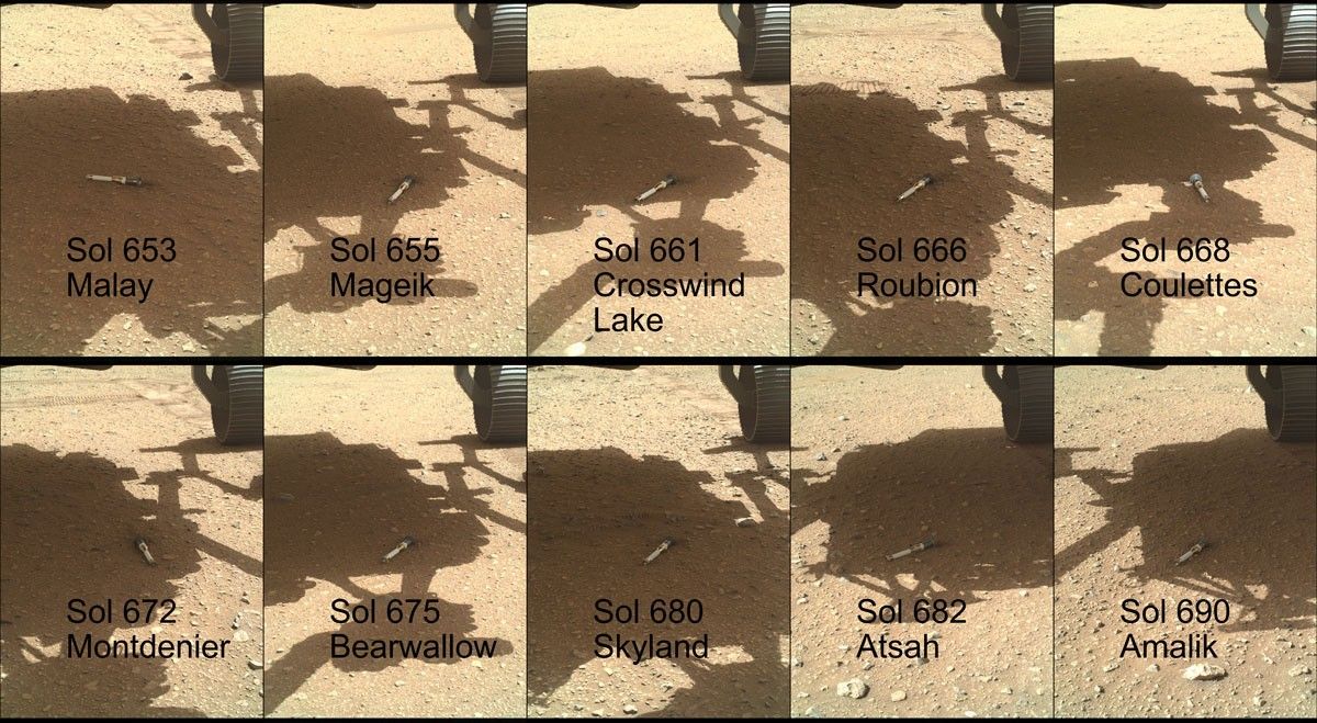 This photomontage shows each of the sample tubes deposited by NASA’s Perseverance Mars rover at the “Three Forks” sample depot, as viewed by the WATSON camera on the end of the rover’s robotic arm.