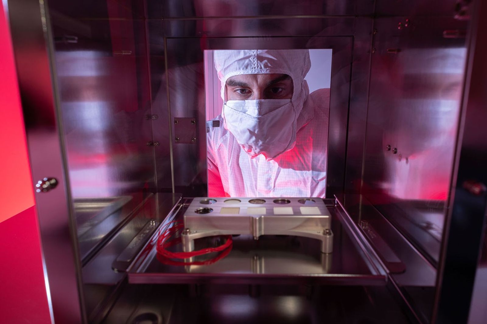 This calibration target for Mars 2020's SHERLOC instrument includes five samples of spacesuit material, the first to ever be flown to the Red Planet. By studying how these samples degrade in the Martian environment, engineers can develop better spacesuits.