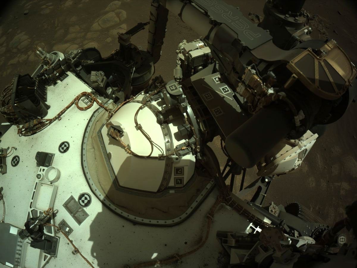 NASA's Mars Perseverance rover acquired this image using its onboard Left Navigation Camera (Navcam). The camera is located high on the rover's mast and aids in driving.