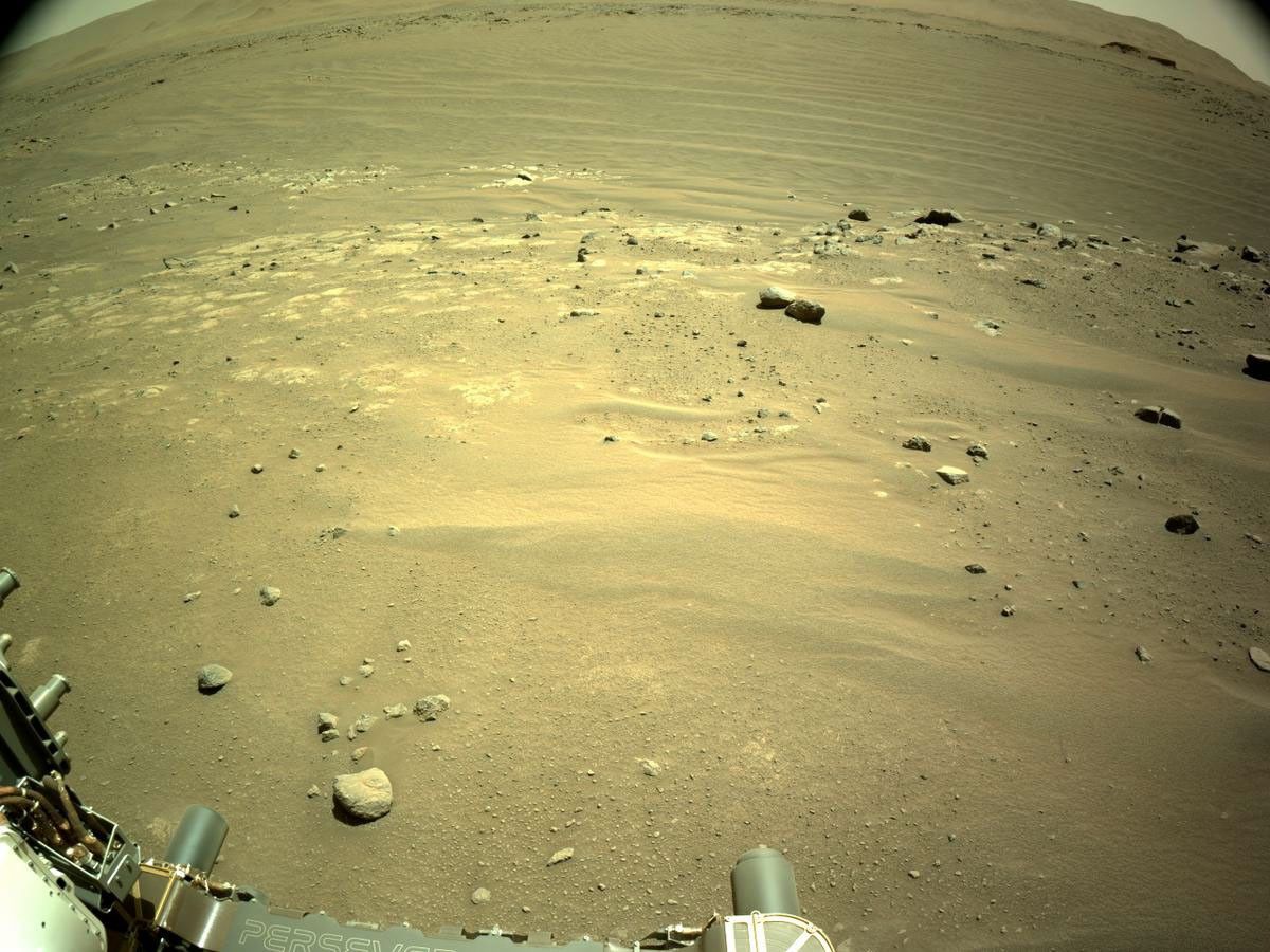NASA's Mars Perseverance rover acquired this image using its onboard Left Navigation Camera (Navcam). The camera is located high on the rover's mast and aids in driving.