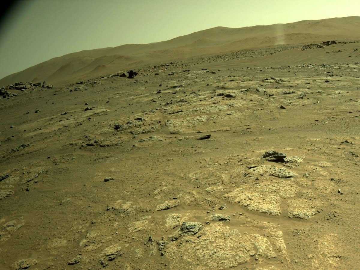NASA's Mars Perseverance rover acquired this image using its onboard Right Navigation Camera (Navcam). The camera is located high on the rover's mast and aids in driving.