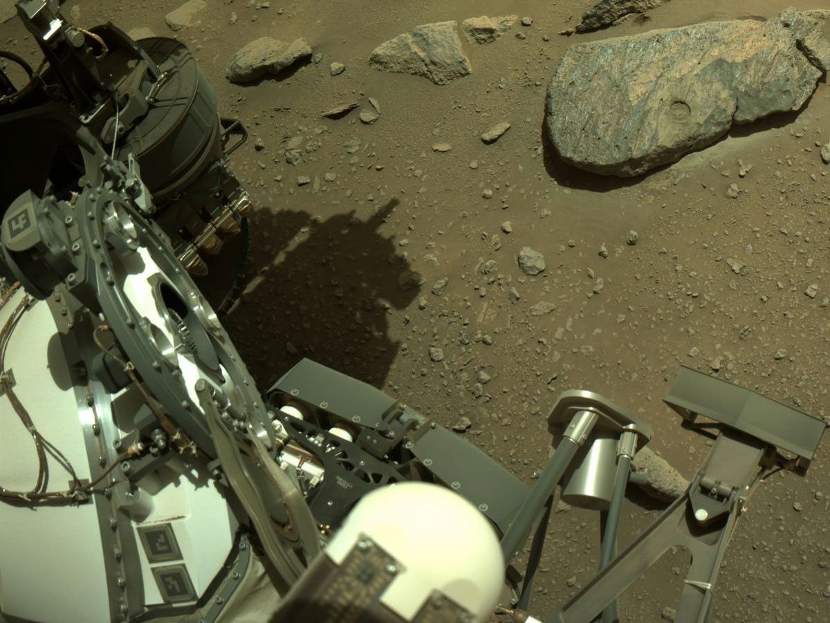 NASA's Mars Perseverance rover acquired this image using its onboard Right Navigation Camera (Navcam). The camera is located high on the rover's mast and aids in driving.