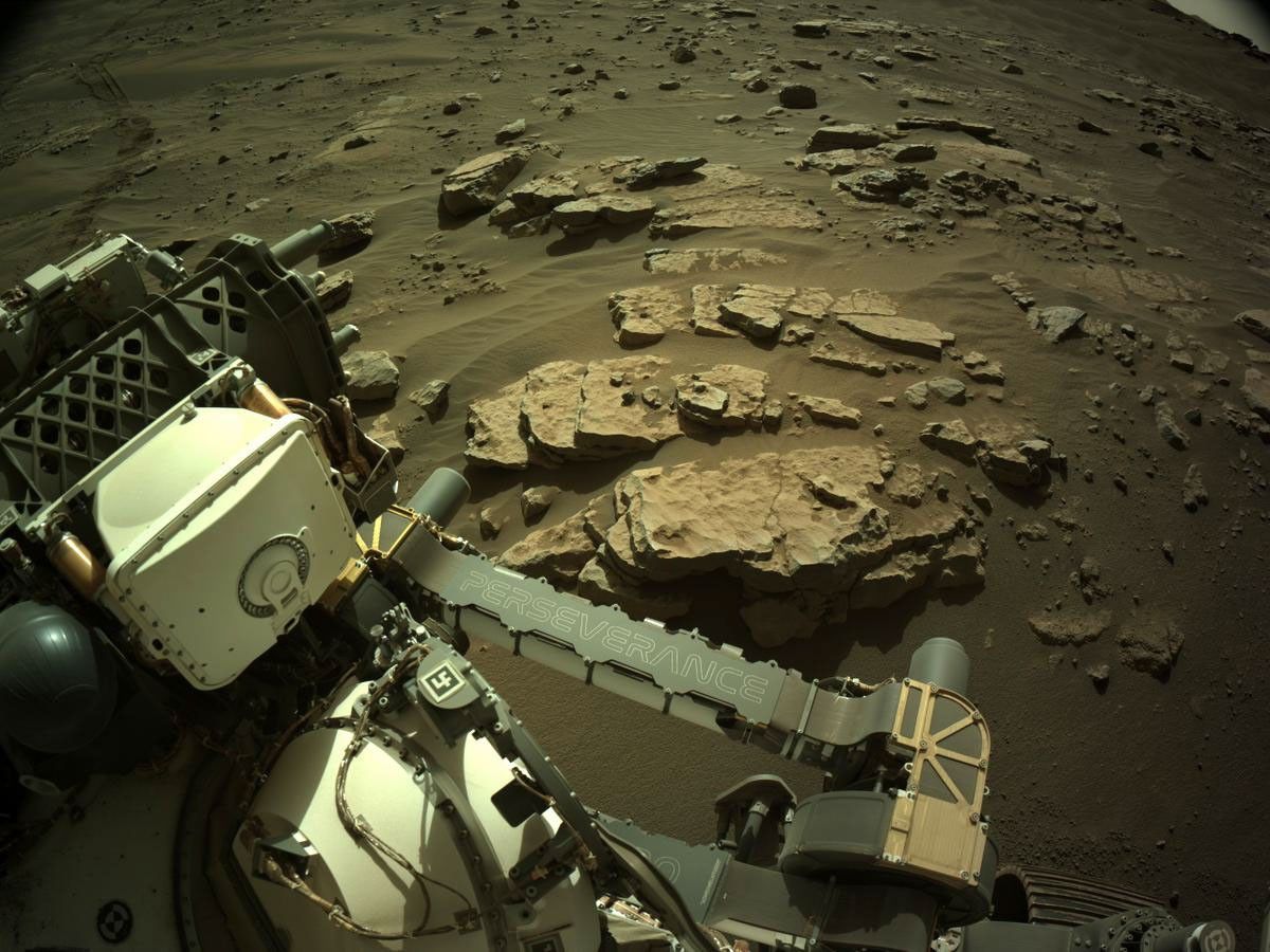 NASA’s Perseverance Mars rover used its Left Navigation Camera (Navcam) to acquire an image of target Bastide, a layered outcrop seen here just above the rover’s arm.