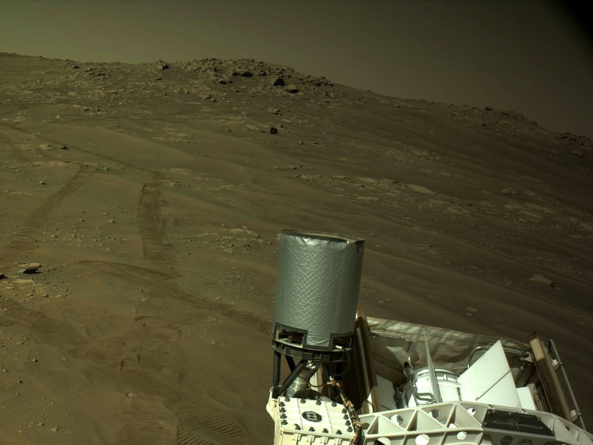 NASA's Mars Perseverance rover acquired this image using its onboard Left Navigation Camera (Navcam). The camera is located high on the rover's mast and aids in driving.