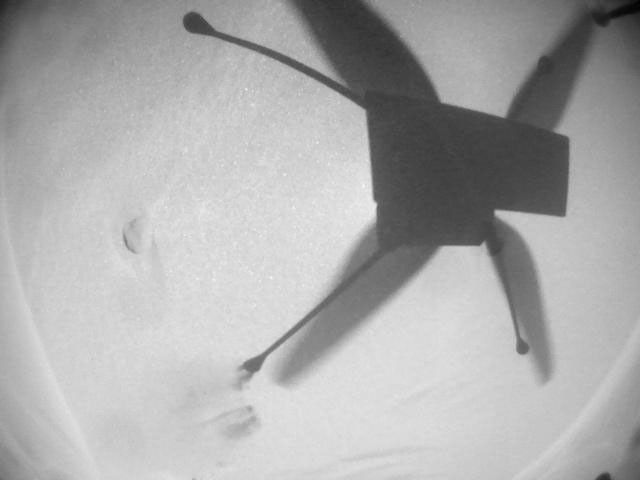 NASA's Ingenuity Mars Helicopter acquired this image using its navigation camera. This camera is mounted in the helicopter's fuselage and pointed directly downward to track the ground during flight.