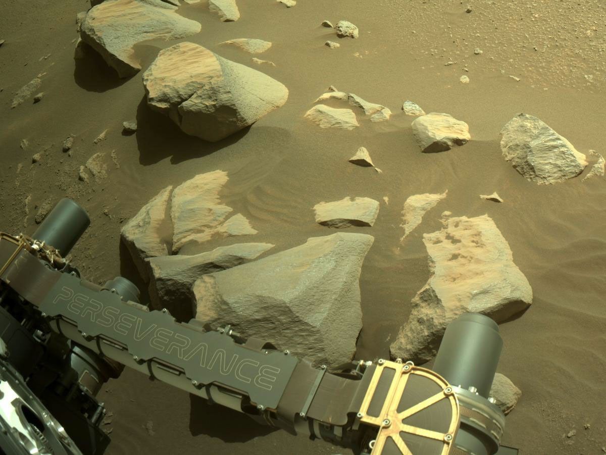 NASA's Mars Perseverance rover acquired this image using its onboard Right Navigation Camera (Navcam). The camera is located high on the rover's mast and aids in driving.