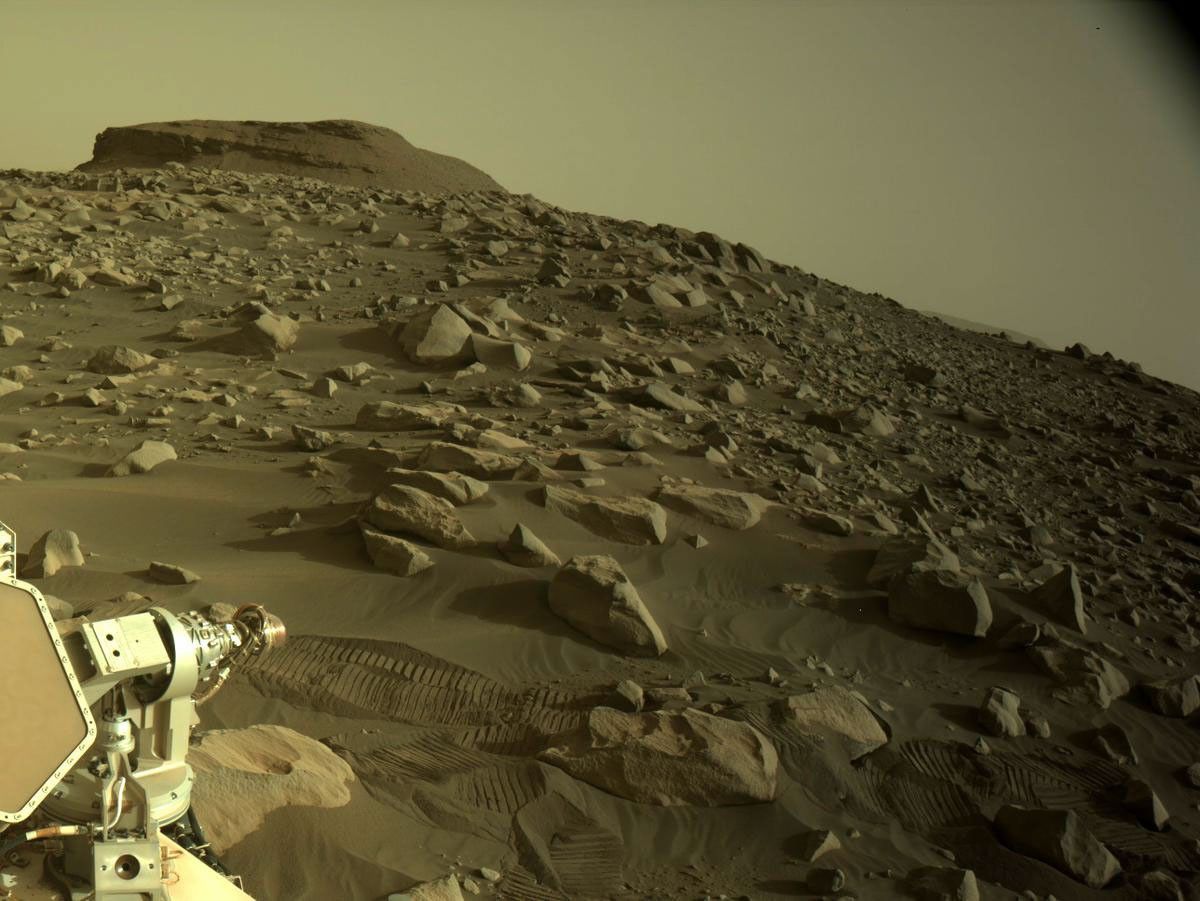 NASA's Mars Perseverance rover acquired this image using its onboard Right Navigation Camera (Navcam). The camera is located high on the rover's mast and aids in driving.