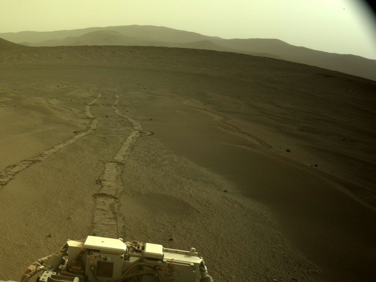 NASA's Mars Perseverance rover acquired this image using its onboard Right Navigation Camera (Navcam). The camera is located high on the rover's mast and aids in driving.