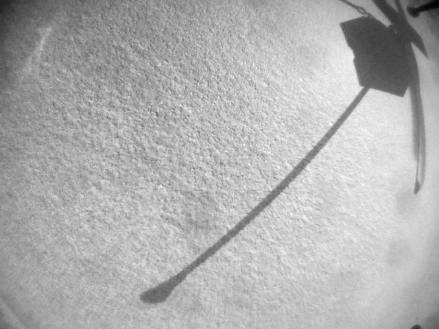 NASA's Ingenuity Mars Helicopter acquired this image using its navigation camera. This camera is mounted in the helicopter's fuselage and pointed directly downward to track the ground during flight.