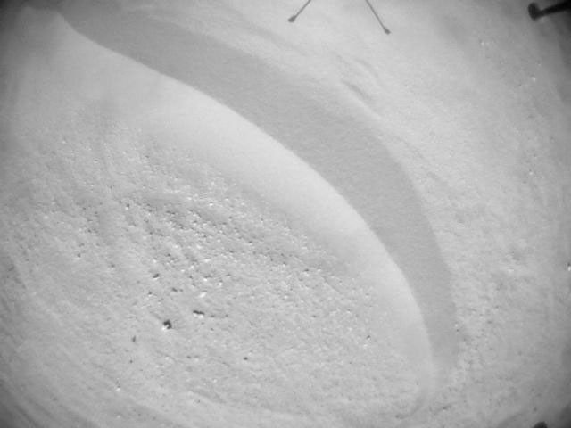 NASA's Ingenuity Mars Helicopter acquired this image using its navigation camera. This camera is mounted in the helicopter's fuselage and pointed directly downward to track the ground during flight.