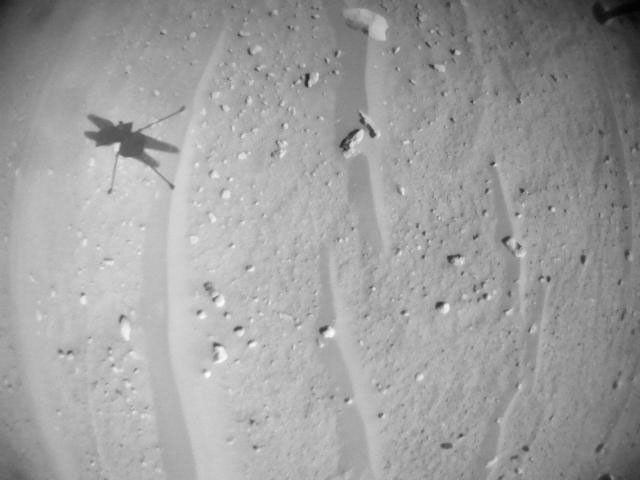 NASA's Ingenuity Mars Helicopter acquired this image using its navigation camera. This camera is mounted in the helicopter's fuselage and pointed directly downward to track the ground during flight.