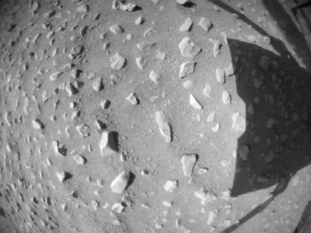 NASA's Ingenuity Mars Helicopter acquired this image using its navigation camera. This camera is mounted in the helicopter's fuselage and pointed directly downward to track the ground during flight.