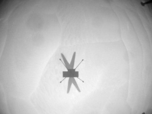 NASA's Ingenuity Mars Helicopter acquired this image using its navigation camera. This camera is mounted in the helicopter's fuselage and pointed directly downward to track the ground during flight.