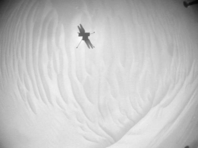 NASA's Ingenuity Mars Helicopter acquired this image using its navigation camera. This camera is mounted in the helicopter's fuselage and pointed directly downward to track the ground during flight.