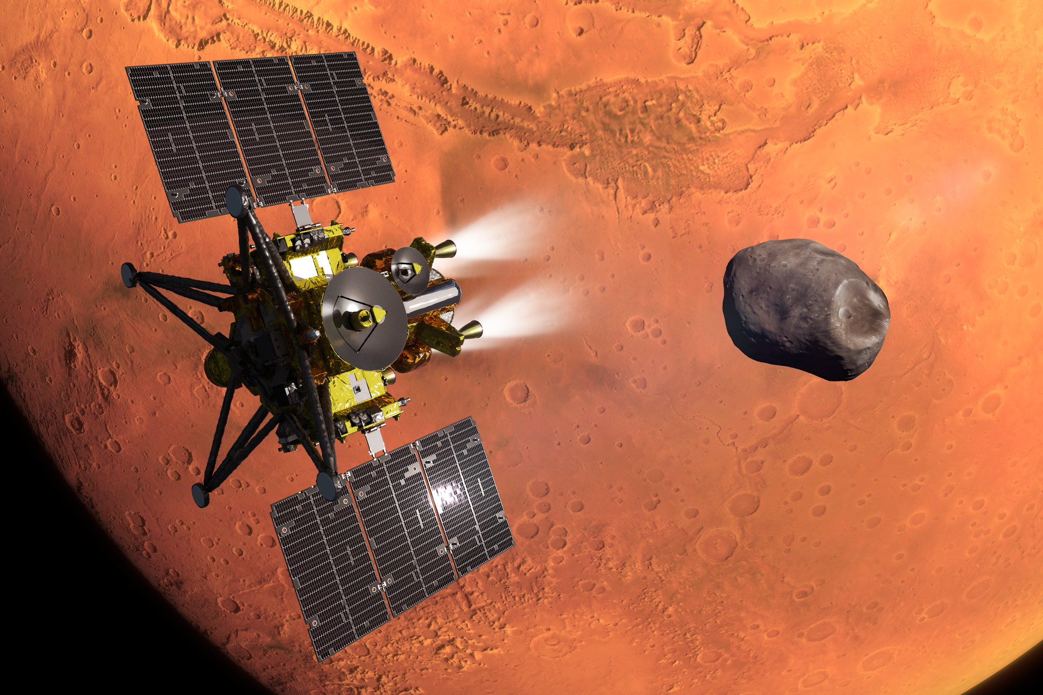 Artist's concept of JAXA's MMX spacecraft with the Martian moon Phobos and planet Mars in the background