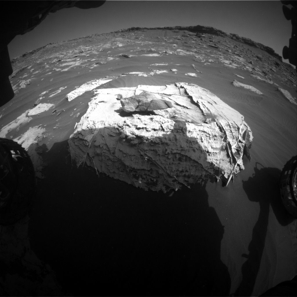 Front Hazcam image showing the bedrock target at the centre of today's plan.