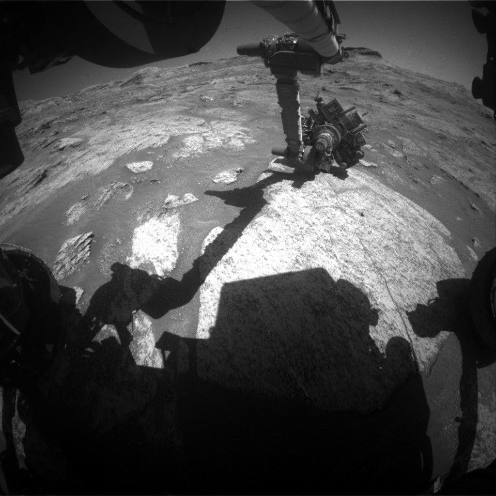 Front Hazcam image showing the APXS instrument on the Sol 3203 “Blis et Born” bedrock target.