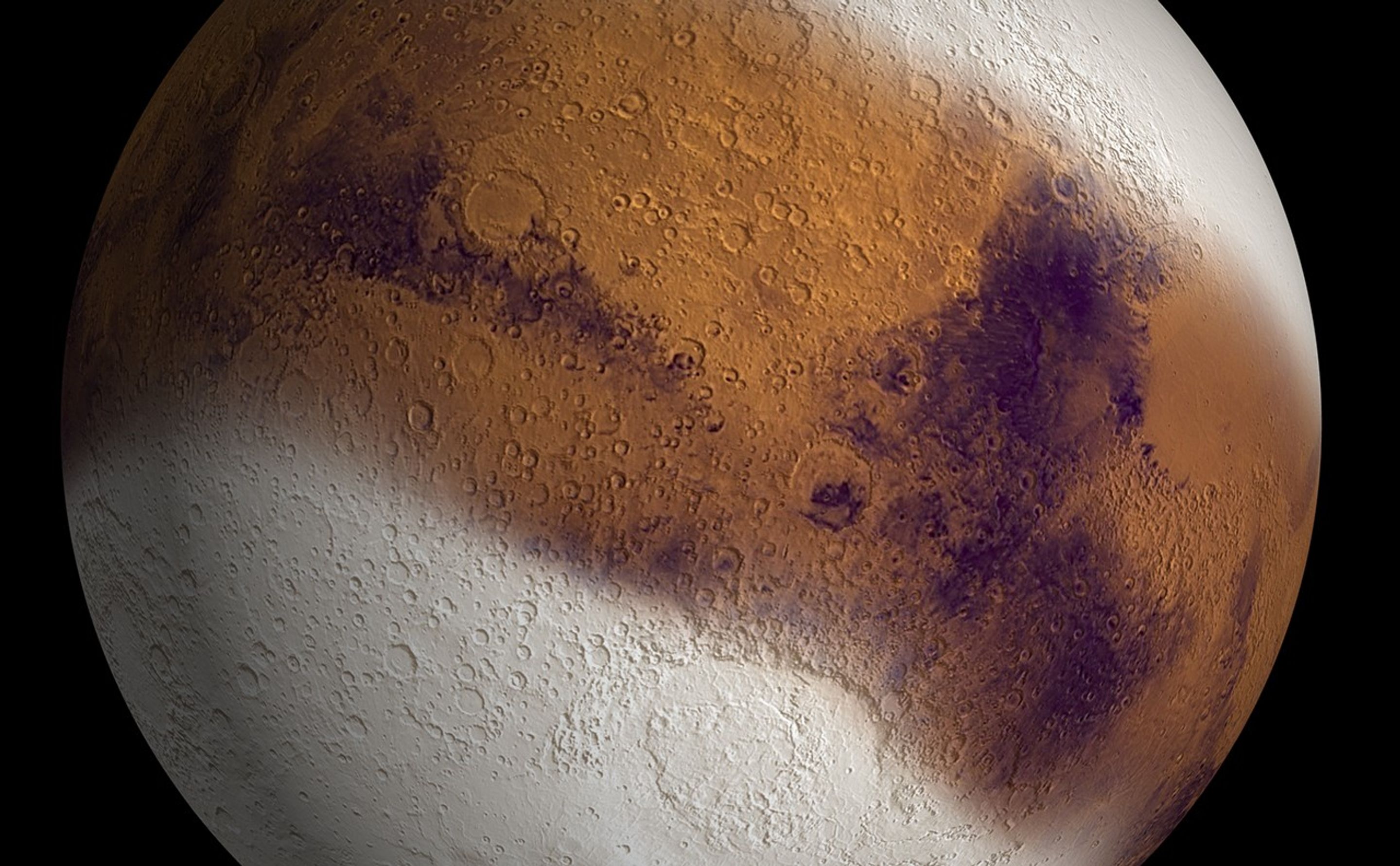 This speculative illustration shows Mars in space, with polar ice extending to half of its northern and southern hemispeheres.