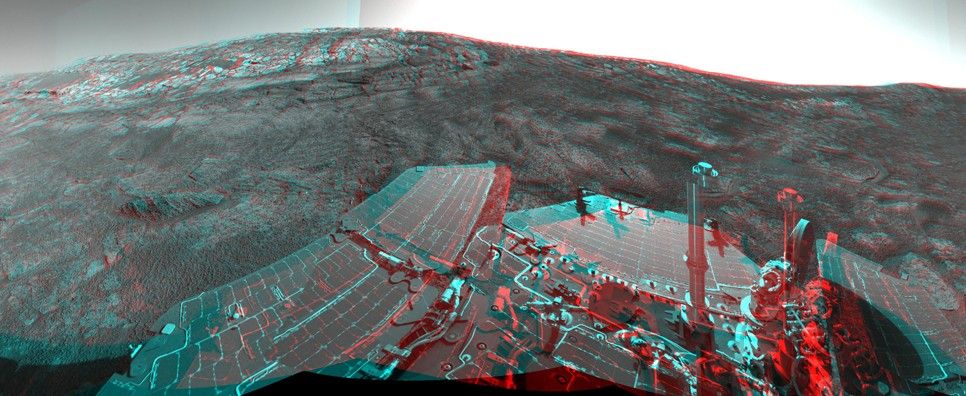 This 360-degree stereo anaglyph of the terrain surrounding NASA's Mars Exploration Rover Opportunity.
