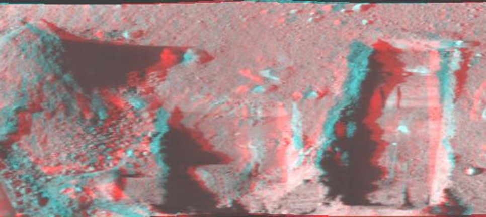 This image is a stereo, panoramic view of various trenches dug by NASA's Phoenix Mars Lander