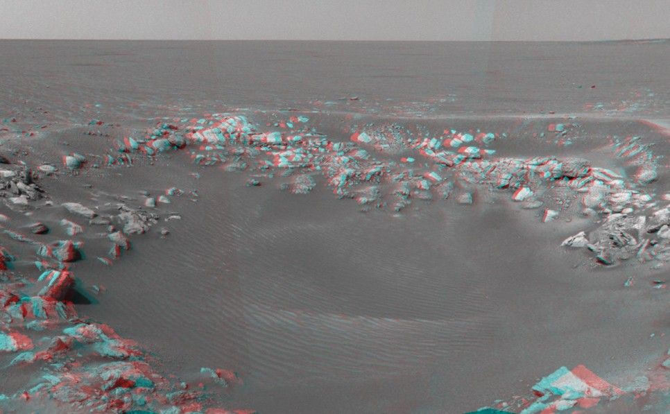 This 3-D cylindrical-perspective projection was constructed from a sequence of four images taken by the navigation camera onboard the Mars Exploration Rover Opportunity