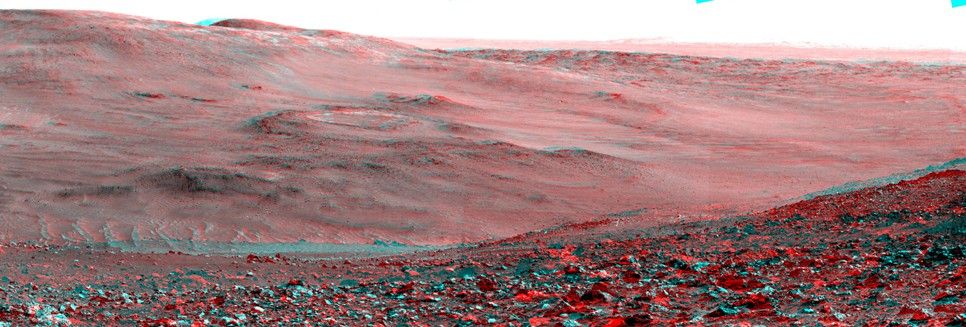 NASA's Mars Exploration Rover Spirit obtained this stereo panorama of the surrounding Martian terrain in Gusev Crater from two positions about 10 meters (33 feet) apart