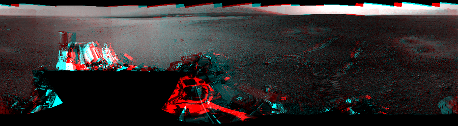 NASA's Mars rover Curiosity took 19 image pairs in Gale Crater using its mast-mounted Navigation Camera (Navcam) to create this mosaic. The seam-corrected mosaic provides a 360-degree cylindrical perspective projection panorama of the Martian surface suitable for stereo viewing, centered at 311 degrees azimuth (measured clockwise from north). This anaglyph must be viewed with red/blue glasses (red over left eye). Curiosity took the images on August 23, 2012, Sol 16 of the Mars Science Laboratory mission at drive 78, site number 3. The local mean solar time for the image exposures was 2 PM. Each Navcam image has a 45-degree field of view. CREDIT: NASA/JPL-Caltech