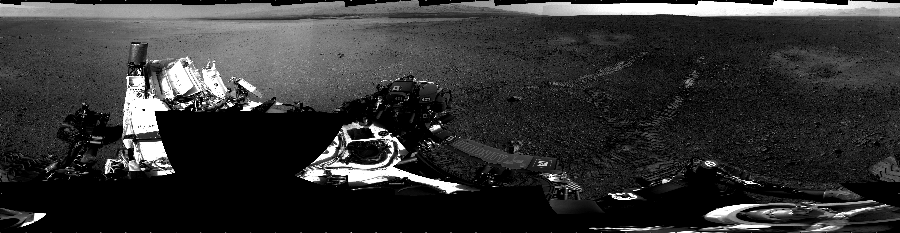 NASA's Mars rover Curiosity took 21 images in Gale Crater using its mast-mounted Left Navigation Camera (Navcam) to create this mosaic. The seam-corrected mosaic provides a 360-degree cylindrical projection panorama of the Martian surface centered at 180 degrees azimuth (measured clockwise from north). Curiosity took the images on August 23, 2012, Sol 16 of the Mars Science Laboratory mission at drive 78, site number 3. The local mean solar time for the image exposures was 2 PM. Each Navcam image has a 45 degree field of view. CREDIT: NASA/JPL-Caltech