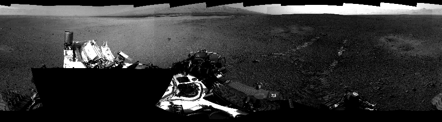 NASA's Mars rover Curiosity took 19 images in Gale Crater using its mast-mounted Left Navigation Camera (Navcam) to create this mosaic. The seam-corrected mosaic provides a 360-degree cylindrical-perspective projection panorama of the Martian surface suitable for stereo viewing, centered at 311 degrees azimuth (measured clockwise from north). This single-eye view must be combined with the partner right image to be viewed in stereo.  Curiosity took the images on August 23, 2012, Sol 16 of the Mars Science Laboratory mission at drive 78, site number 3. The local mean solar time for the image exposures was 2 PM. Each Navcam image has a 45-degree field of view. CREDIT: NASA/JPL-Caltech