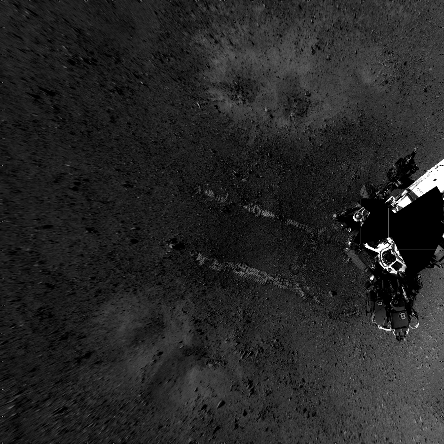 NASA's Mars rover Curiosity took 21 images in Gale Crater using its mast-mounted Left Navigation Camera (Navcam) to create this mosaic. The seam-corrected mosaic provides a vertical projection of the Martian surface near the rover, covering an area of 16 meters (north/south) by 16 meters (east/west). North is up in the image. This projection provides an overhead view, but introduces distortion for items not on the surface, such as large rocks and the rover itself.  Curiosity took the images on August 23, 2012, Sol 16 of the Mars Science Laboratory mission at drive 78, site number 3. The local mean solar time for the image exposures was 2 PM. Each Navcam image has a 45-degree field of view. CREDIT: NASA/JPL-Caltech