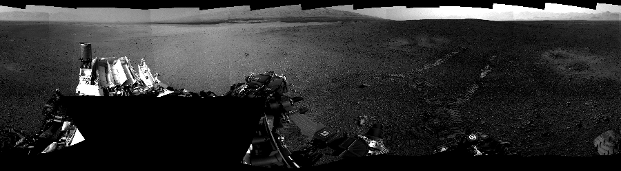 NASA's Mars rover Curiosity took 19 images in Gale Crater using its mast-mounted Right Navigation Camera (Navcam) to create this mosaic. The seam-corrected mosaic provides a 360-degree cylindrical-perspective projection panorama of the Martian surface suitable for stereo viewing, centered at 304 degrees azimuth (measured clockwise from north). This single-eye view must be combined with the partner left image to be viewed in stereo. Curiosity took the images on August 23, 2012, Sol 16 of the Mars Science Laboratory mission at drive 78, site number 3. The local mean solar time for the image exposures was 2 PM. Each Navcam image has a 45-degree field of view. CREDIT: NASA/JPL-Caltech