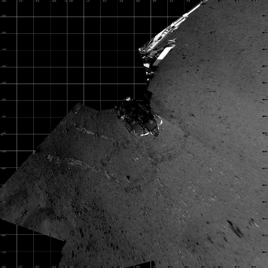 NASA's Mars rover Curiosity took 6 images in Gale Crater using its mast-mounted Left Navigation Camera (Navcam) to create this mosaic. The seam-corrected mosaic provides a vertical projection of the Martian surface near the rover, covering an area of 16 meters (north/south) by 16 meters (east/west). North is up in the image. This projection provides an overhead view, but introduces distortion for items not on the surface, such as large rocks and the rover itself.  Curiosity took the images on August 28, 2012, Sol 21 of the Mars Science Laboratory mission at drive 100, site number 3. The local mean solar time for the image exposures was 3 PM. Each Navcam image has a 45-degree field of view. CREDIT: NASA/JPL-Caltech