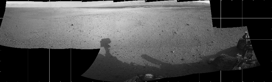 NASA's Mars rover Curiosity took 10 images in Gale Crater using its mast-mounted Left Navigation Camera (Navcam) to create this mosaic. The seam-corrected mosaic provides a 254-degree cylindrical projection panorama of the Martian surface centered at 131 degrees azimuth (measured clockwise from north). Curiosity took the images on August 29, 2012, Sol 22 of the Mars Science Laboratory mission at drive 260, site number 3. The local mean solar time for the image exposures was 3 PM. Each Navcam image has a 45 degree field of view. CREDIT: NASA/JPL-Caltech