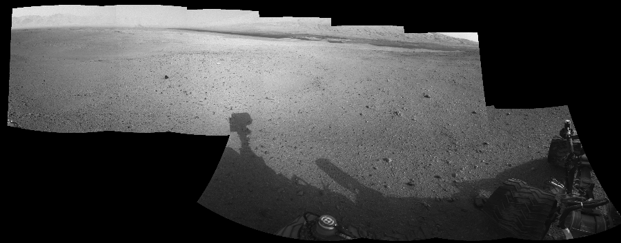 NASA's Mars rover Curiosity took 10 images in Gale Crater using its mast-mounted Left Navigation Camera (Navcam) to create this mosaic. The seam-corrected mosaic provides a 254-degree cylindrical-perspective projection panorama of the Martian surface suitable for stereo viewing, centered at 67 degrees azimuth (measured clockwise from north). This single-eye view must be combined with the partner right image to be viewed in stereo.  Curiosity took the images on August 29, 2012, Sol 22 of the Mars Science Laboratory mission at drive 260, site number 3. The local mean solar time for the image exposures was 3 PM. Each Navcam image has a 45-degree field of view. CREDIT: NASA/JPL-Caltech