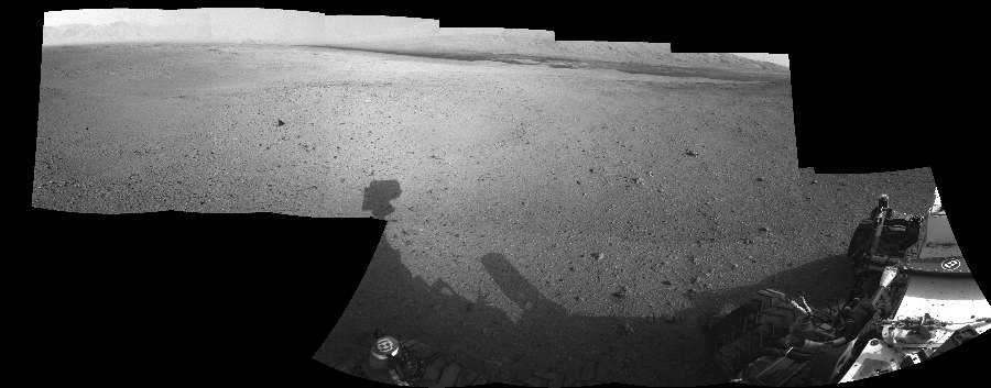 NASA's Mars rover Curiosity took 10 images in Gale Crater using its mast-mounted Right Navigation Camera (Navcam) to create this mosaic. The seam-corrected mosaic provides a 254-degree cylindrical-perspective projection panorama of the Martian surface suitable for stereo viewing, centered at 60 degrees azimuth (measured clockwise from north). This single-eye view must be combined with the partner left image to be viewed in stereo.  Curiosity took the images on August 29, 2012, Sol 22 of the Mars Science Laboratory mission at drive 260, site number 3. The local mean solar time for the image exposures was 3 PM. Each Navcam image has a 45-degree field of view. CREDIT: NASA/JPL-Caltech