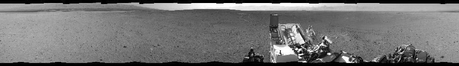 NASA's Mars rover Curiosity took 12 images in Gale Crater using its mast-mounted Left Navigation Camera (Navcam) to create this mosaic. The seam-corrected mosaic provides a 360-degree cylindrical-perspective projection panorama of the Martian surface suitable for stereo viewing, centered at 154 degrees azimuth (measured clockwise from north). This single-eye view must be combined with the partner right image to be viewed in stereo.  Curiosity took the images on August 31, 2012, Sol 24 of the Mars Science Laboratory mission at drive 372, site number 3. The local mean solar time for the image exposures was 2 PM. Each Navcam image has a 45-degree field of view. CREDIT: NASA/JPL-Caltech