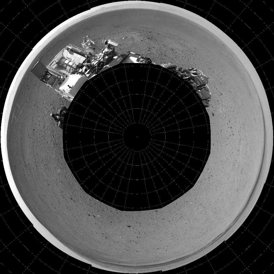 NASA's Mars rover Curiosity took 12 images in Gale Crater using its mast-mounted Left Navigation Camera (Navcam) to create this mosaic. The seam-corrected mosaic provides a polar stereographic projection panorama of the Martian surface with 0 degrees azimuth (measured clockwise from north) at the top of the image. Curiosity took the images on August 31, 2012, Sol 24 of the Mars Science Laboratory mission at drive 372, site number 3. The local mean solar time for the image exposures was 2 PM. Each Navcam image has a 45-degree field of view. CREDIT: NASA/JPL-Caltech