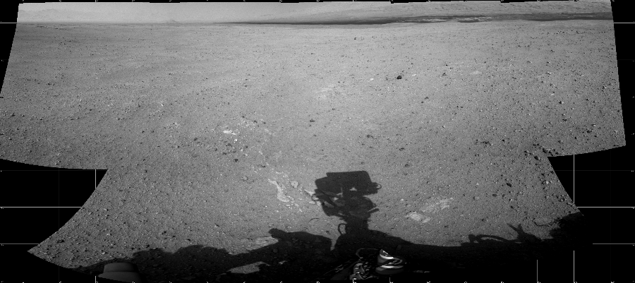 NASA's Mars rover Curiosity took 8 images in Gale Crater using its mast-mounted Left Navigation Camera (Navcam) to create this mosaic. The seam-corrected mosaic provides a 173-degree cylindrical projection panorama of the Martian surface centered at 100 degrees azimuth (measured clockwise from north). Curiosity took the images on September 02, 2012, Sol 26 of the Mars Science Laboratory mission at drive 530, site number 3. The local mean solar time for the image exposures was 2 PM. Each Navcam image has a 45 degree field of view. CREDIT: NASA/JPL-Caltech
