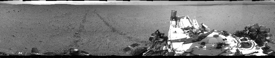 NASA's Mars rover Curiosity took 24 images in Gale Crater using its mast-mounted Left Navigation Camera (Navcam) to create this mosaic. The seam-corrected mosaic provides a 360-degree cylindrical projection panorama of the Martian surface centered at 20 degrees azimuth (measured clockwise from north). Curiosity took the images on September 05, 2012, Sol 29 of the Mars Science Laboratory mission at drive 0, site number 4. The local mean solar time for the image exposures was 2 PM. Each Navcam image has a 45 degree field of view. CREDIT: NASA/JPL-Caltech