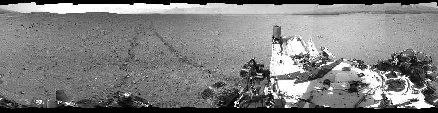 NASA's Mars rover Curiosity took 24 images in Gale Crater using its mast-mounted Left Navigation Camera (Navcam) to create this mosaic. The seam-corrected mosaic provides a 360-degree cylindrical-perspective projection panorama of the Martian surface suitable for stereo viewing, centered at 140 degrees azimuth (measured clockwise from north). This single-eye view must be combined with the partner right image to be viewed in stereo.  Curiosity took the images on September 05, 2012, Sol 29 of the Mars Science Laboratory mission at drive 0, site number 4. The local mean solar time for the image exposures was 2 PM. Each Navcam image has a 45-degree field of view. CREDIT: NASA/JPL-Caltech