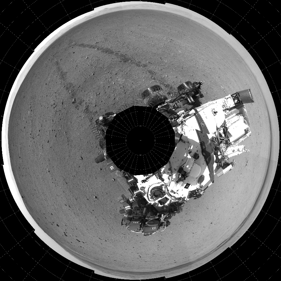 NASA's Mars rover Curiosity took 24 images in Gale Crater using its mast-mounted Left Navigation Camera (Navcam) to create this mosaic. The seam-corrected mosaic provides a polar stereographic projection panorama of the Martian surface with 0 degrees azimuth (measured clockwise from north) at the top of the image. Curiosity took the images on September 05, 2012, Sol 29 of the Mars Science Laboratory mission at drive 0, site number 4. The local mean solar time for the image exposures was 2 PM. Each Navcam image has a 45-degree field of view. CREDIT: NASA/JPL-Caltech