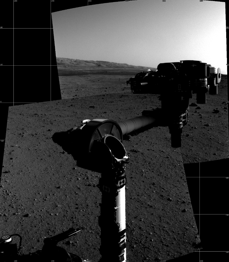 NASA's Mars rover Curiosity took 2 images in Gale Crater using its mast-mounted Left Navigation Camera (Navcam) to create this mosaic. The seam-corrected mosaic provides a 62-degree cylindrical projection panorama of the Martian surface centered at 207 degrees azimuth (measured clockwise from north). Curiosity took the images on September 06, 2012, Sol 30 of the Mars Science Laboratory mission at drive 0, site number 4. The local mean solar time for the image exposures was 3 PM. Each Navcam image has a 45 degree field of view. CREDIT: NASA/JPL-Caltech